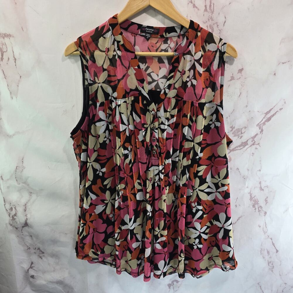 Cocomo Blouse Womens 2X Black Floral V Neck Tank Sleeveless Shirt Notch Mesh